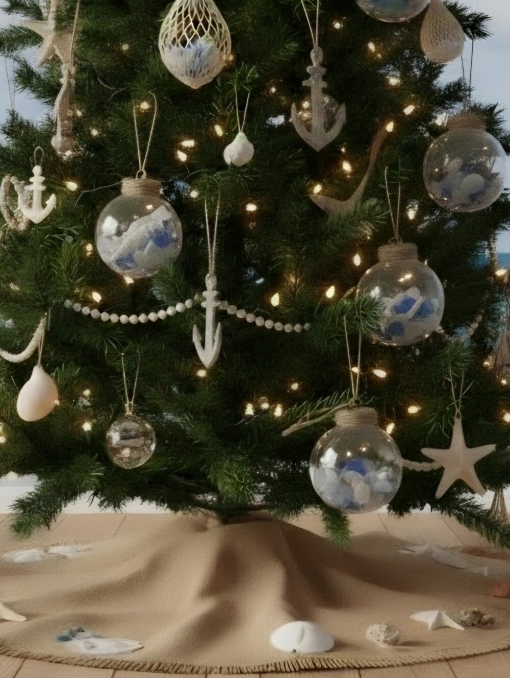 Beach-Themed Plastic Ornaments with Blue Tumbled Glass & Shells Set  of Six